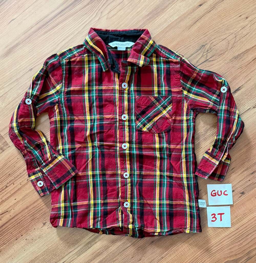 RuggedButts Boys 3T Red Plaid Button Down Long Sleeve Shirt